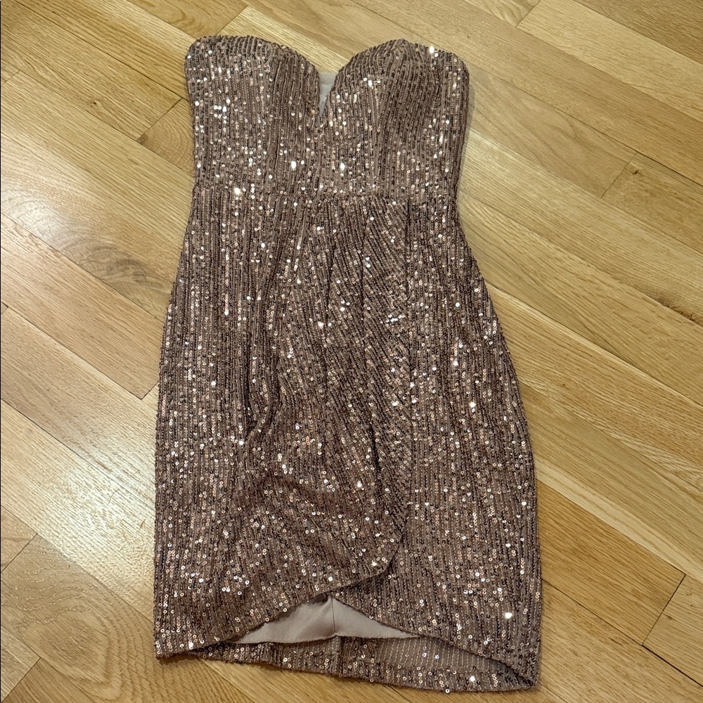 B Darlin Strapless Sequin Dress in Shimmering Rose Gold